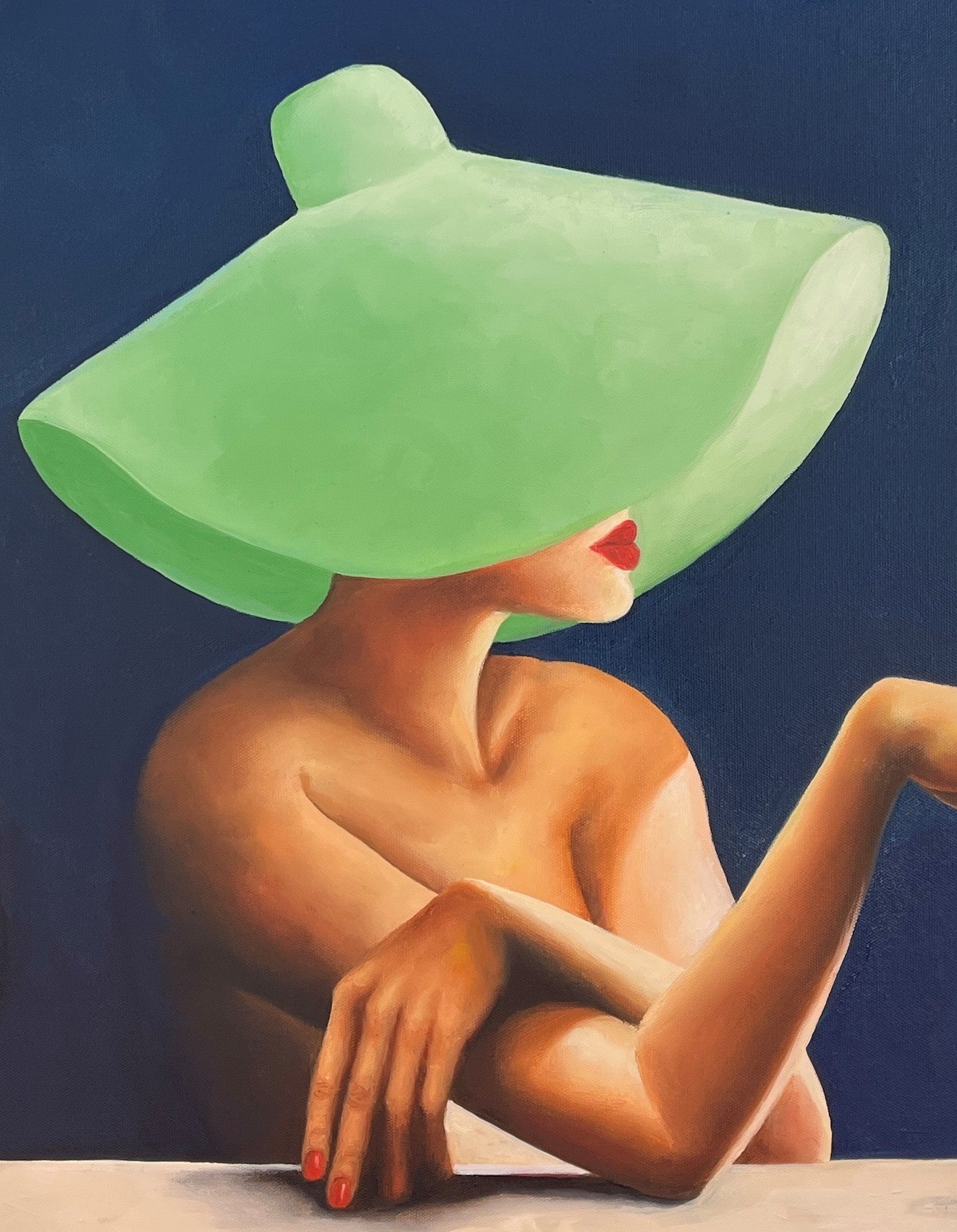 Surreal artwork of a nude figure with a large green hat against a dark blue background by Trisha Lambi