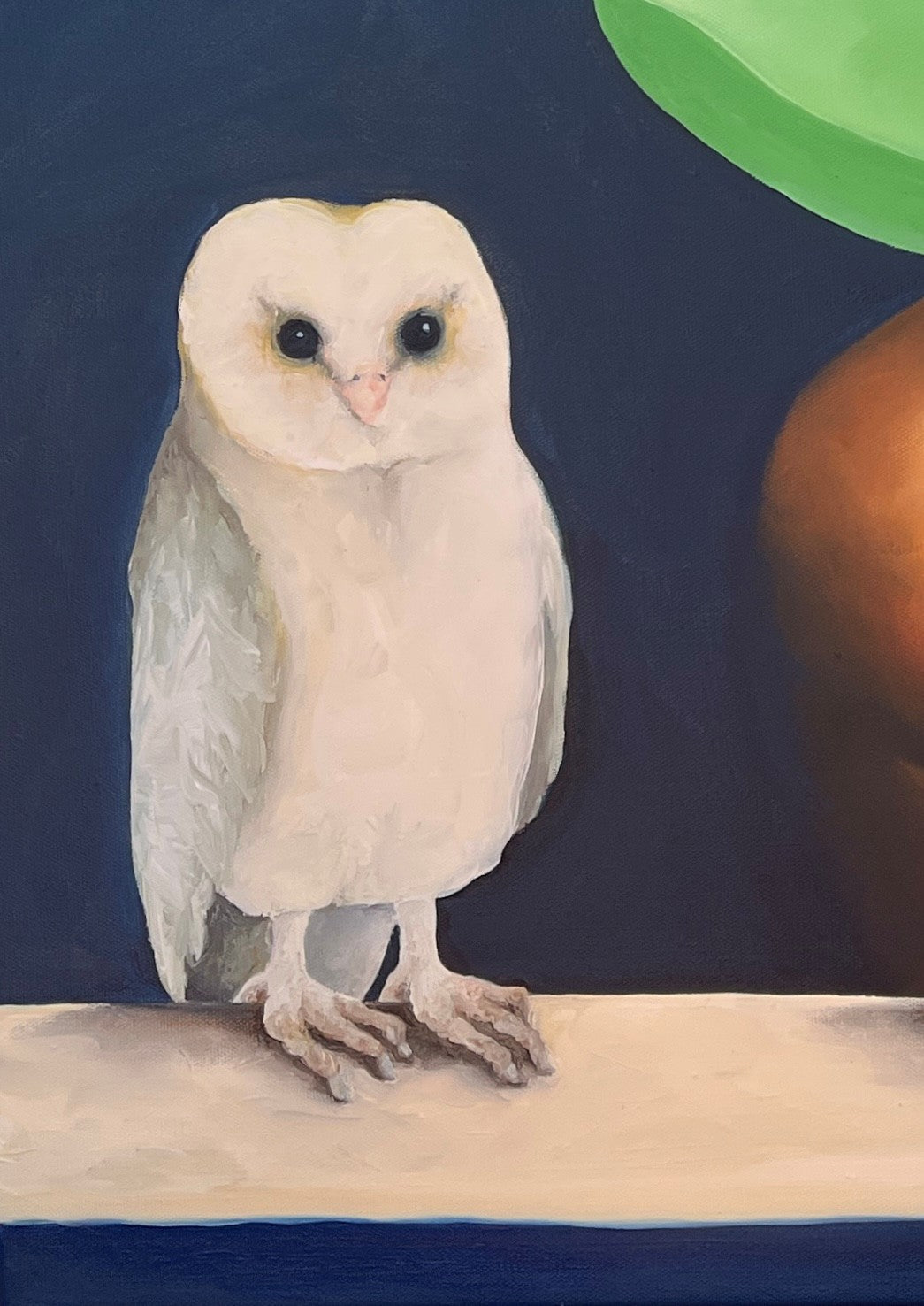 Painting of an owl on a branch with a dark blue background by Trisha Lambi