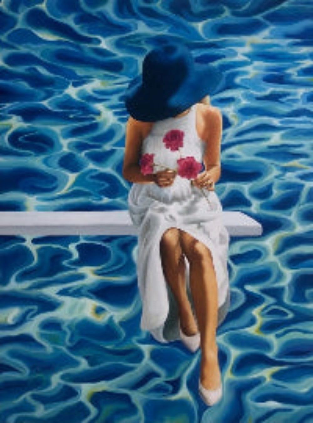 A limited edition print depicting a person seated by a poolside wearing a white dress and a wide-brimmed hat, with a stylized, textured background resembling water.