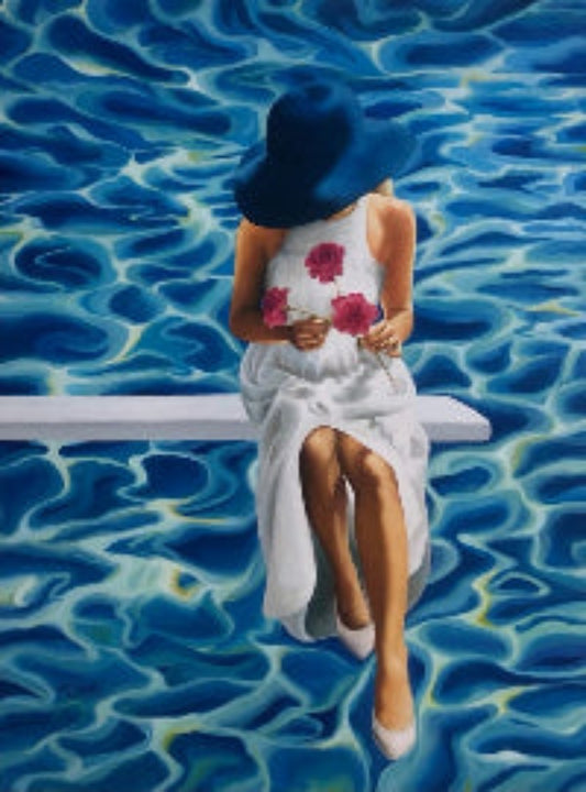 A limited edition print depicting a person seated by a poolside wearing a white dress and a wide-brimmed hat, with a stylized, textured background resembling water.