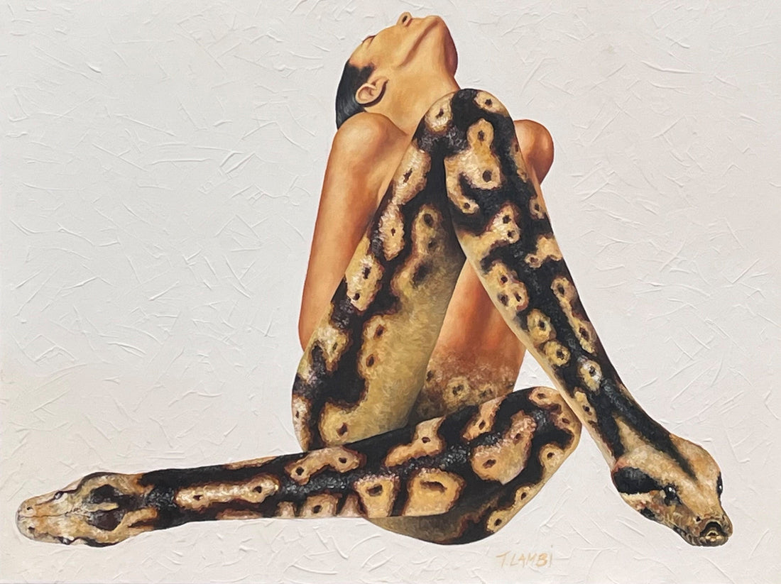 Oil painting of a woman with serpentine legs, inspired by the Egyptian deity Nehebkau, exploring themes of transformation, duality, and the tension between fear and protection — by Trisha Lambi.