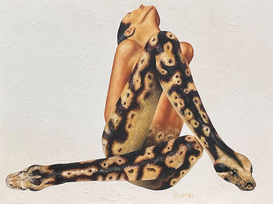 Oil painting of a woman with serpentine legs, inspired by the Egyptian deity Nehebkau, exploring themes of transformation, duality, and the tension between fear and protection — by Trisha Lambi.