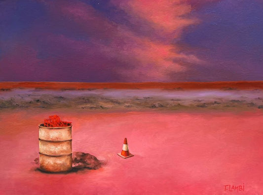 Original oil painting of the Australian outback. A fiery sunset 