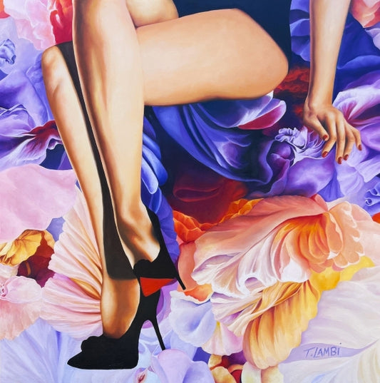 Legs in Bloom by Trisha Lambi, oil on linen painting of crossed legs in black heels among pink, peach and purple flowers