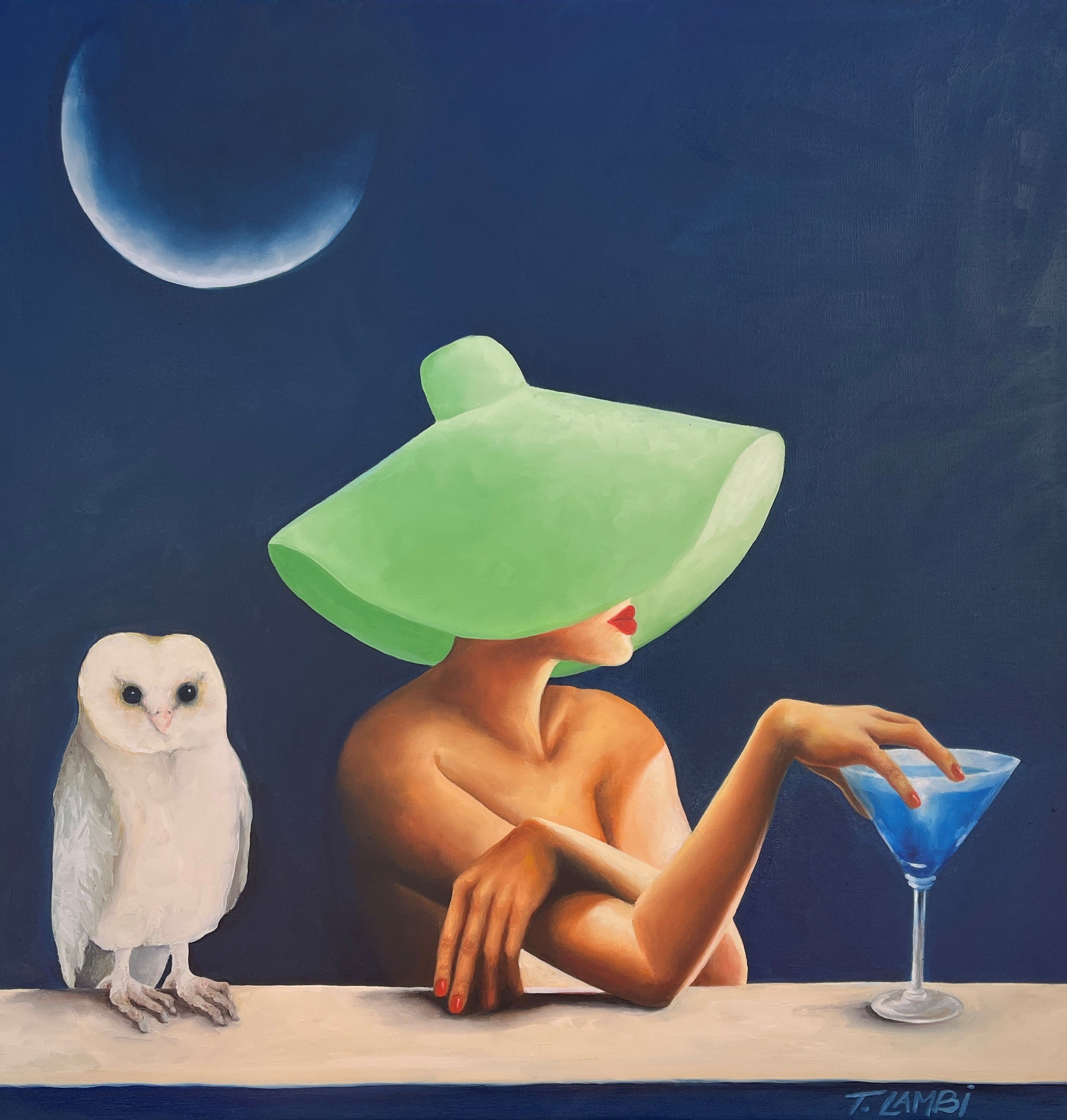 Midnight Martini commissioned oil painting by Trisha Lambi, 80 by 80 cm, showcasing a poised female figure in cinematic lighting.