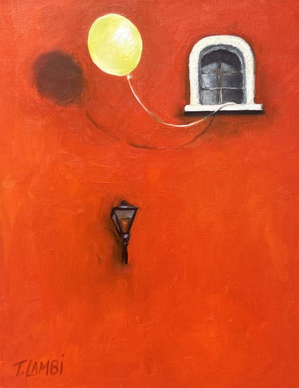 The Great Escape — original oil painting of a balloon escaping through a window in Monemvasia, Greece, by Trisha Lambi